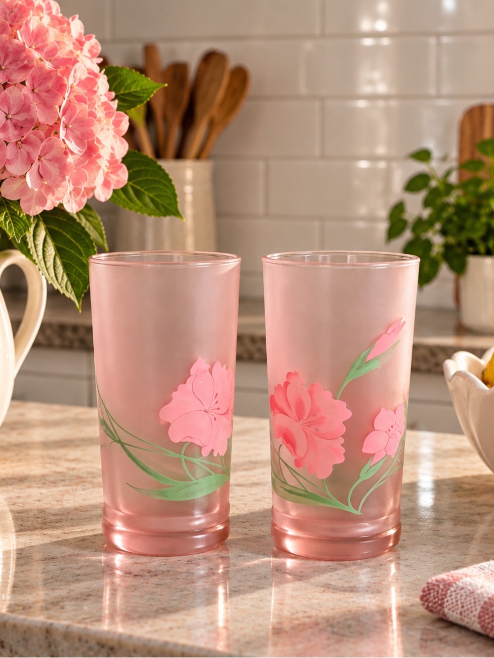 Vintage Libbey Pink Gladiolus Frosted Tumblers Set of 4 NOS Original Box USA